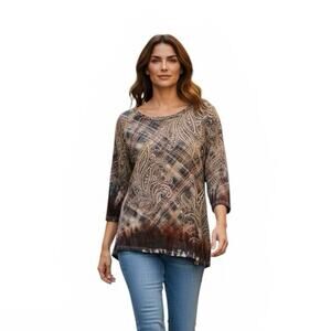 Avenue Women Sz 22/24 Tunic Navy Floral Over Plaid Sparkle Top 3/4 Sl Plus Size